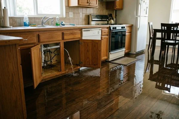 Before — flooded kitchen with standing water