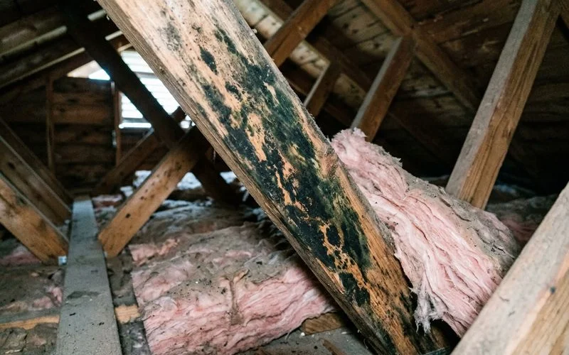 Stachybotrys staining on an attic rafter