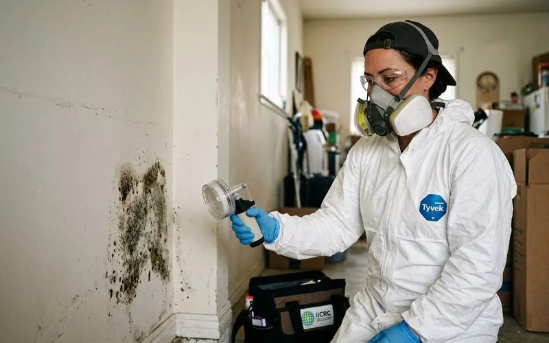 Mold inspector collecting a spore-trap sample in full PPE