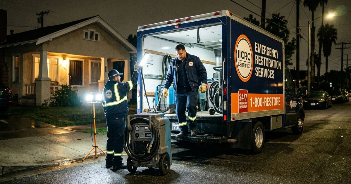 Water damage in a Los Angeles living room with a technician assessing the wet area