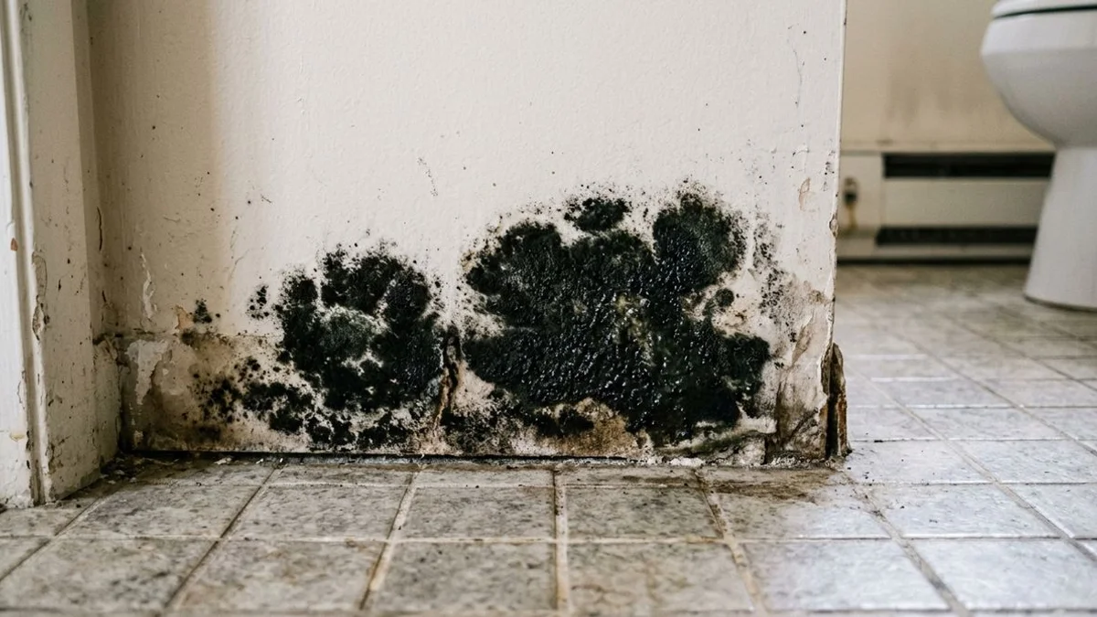 Black mold colony at the bottom of drywall in a Los Angeles bathroom