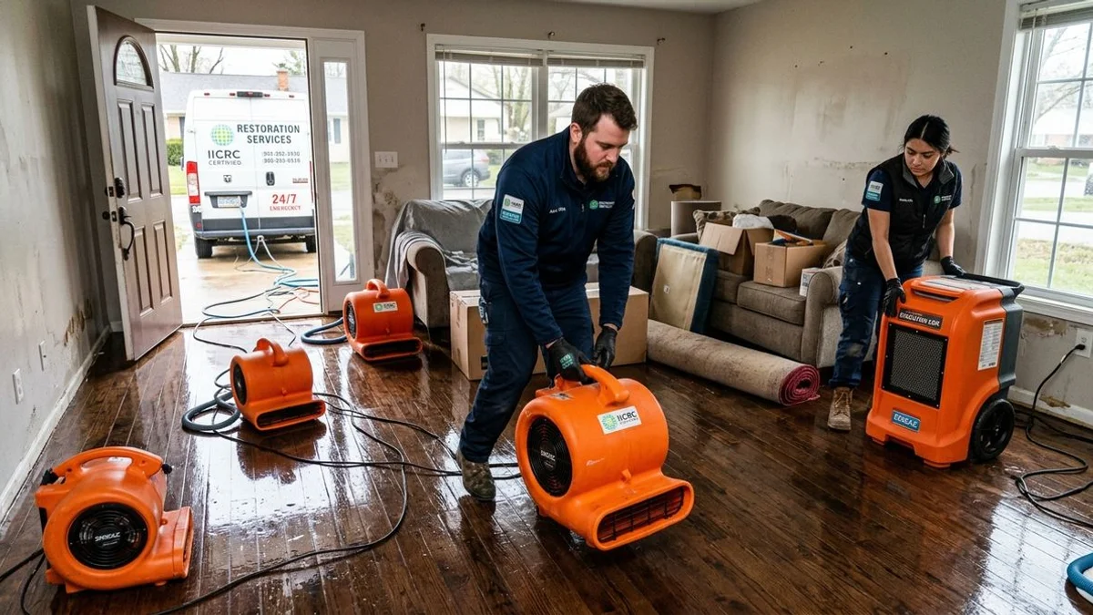 restoration team setting up structural drying equipment in a living room